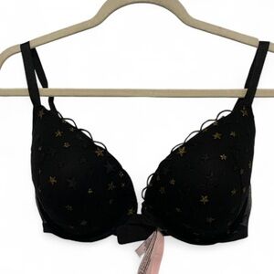 Victoria’s Secret Black Gold Star Print Push Up Bra Size 38DD